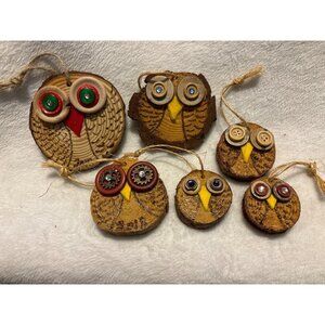Wooden Owl Ornaments set 6 souvenir Christmas Hand crafted Route 66 TX Holiday